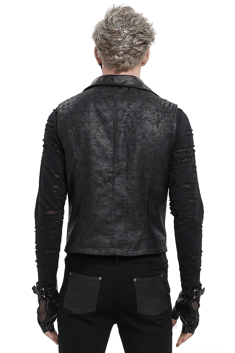 Men's gothic punk vest rear view showing cracked texture fabric and fitted cut on model
