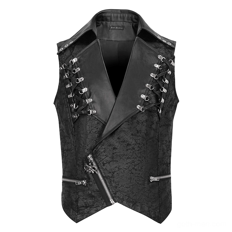 Black gothic punk vest with metal eyelet lace-up details and diagonal zipper on mannequin display