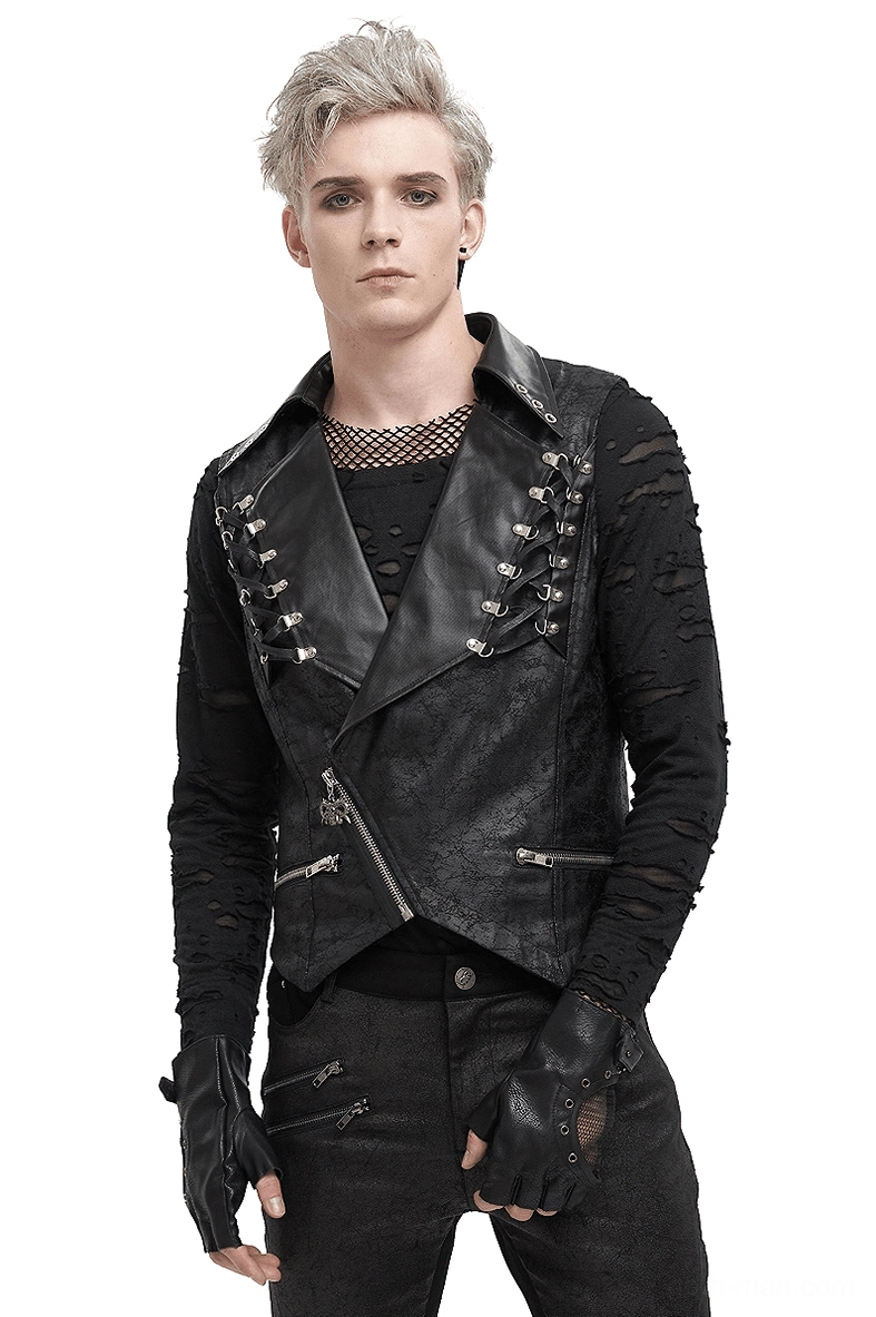 Black gothic men's sleeveless vest with metal eyelets, lapel collar, and front zipper - front full view on male model