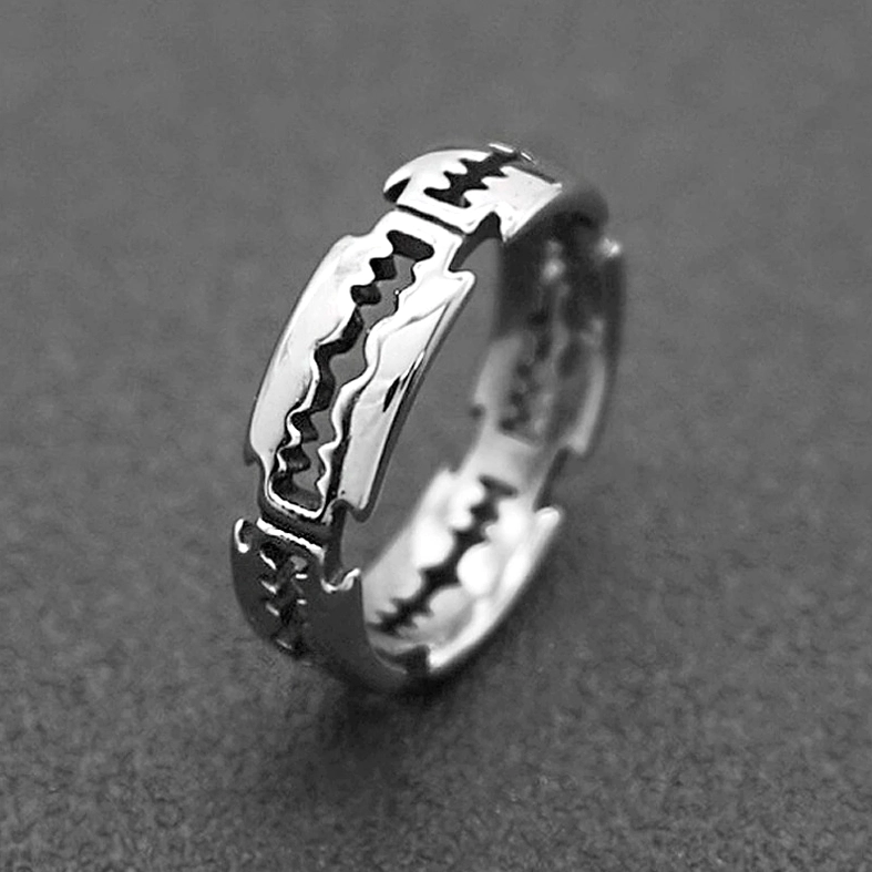 Punk industrial blade ring with vintage silver-black texture - segmented sawtooth design detail