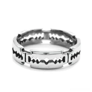 Stainless steel punk blade ring - top-down front view displaying segmented sawtooth pattern and industrial design