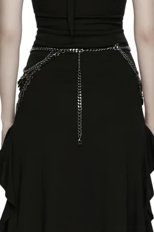 Back perspective of gothic metal waist chain with long hanging tail chains and dangling teardrop pendants