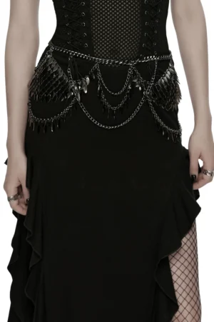 Gothic layered metal waist chain with blade charms worn by female model, front view studio shot showcasing scaled armor design