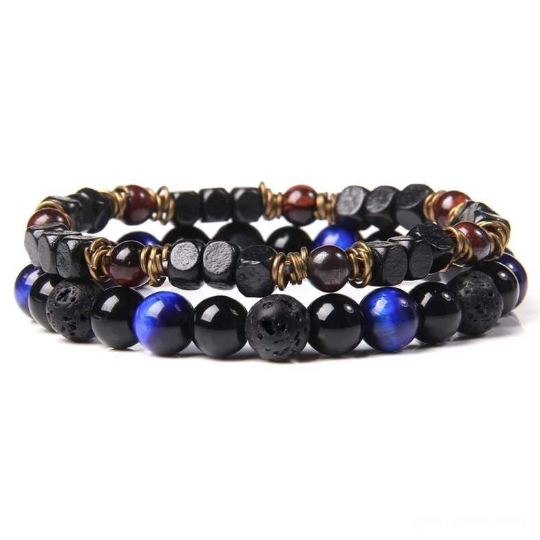 Blue cat's eye and black onyx stone bead bracelet, gothic spiritual wrist jewelry for men