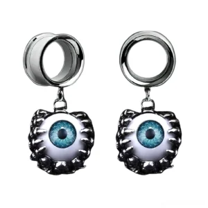 Pair of gothic blue eye ear tunnels with spiky silver frames and adjustable design, frontal view on white background
