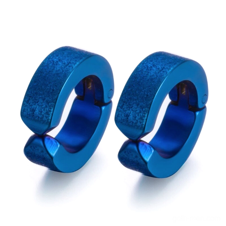 Sandblasted blue stainless steel hoop ear cuffs - matte frosted gothic earrings industrial style