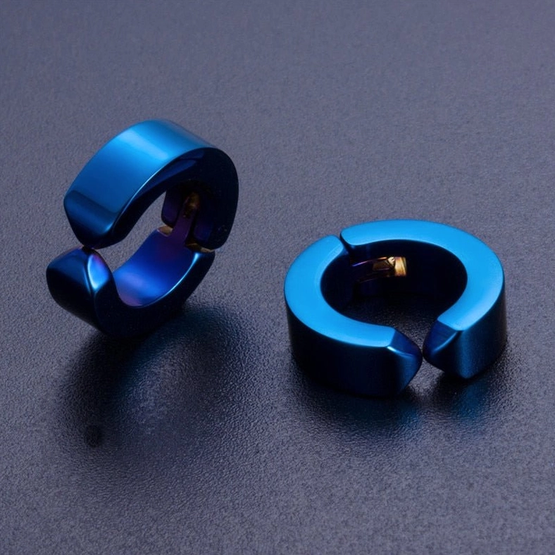 Bright blue polished stainless steel gothic hoop ear cuffs with hinged clasp - cyberpunk earrings oblique view