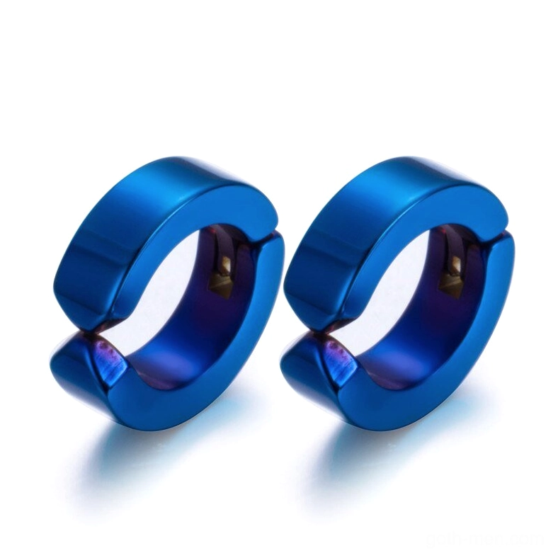 Bright blue polished stainless steel hoop ear cuffs - cyberpunk gothic earrings shiny finish