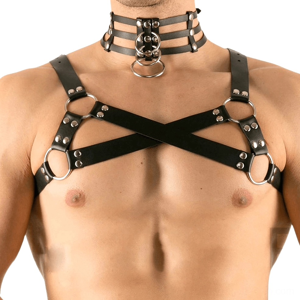 Gothic leather body harness complete styling display showing full set configuration and hardware placement