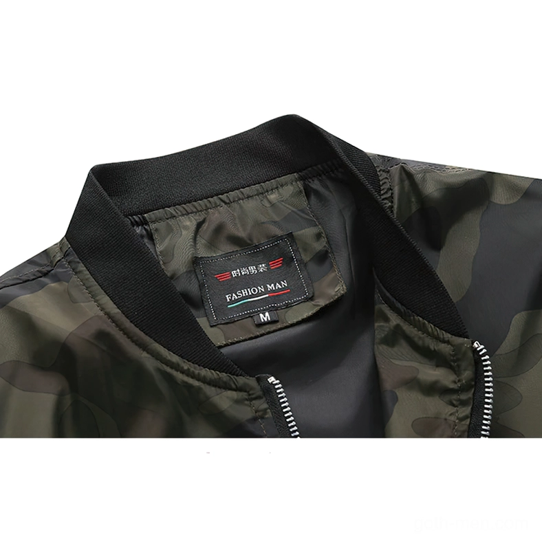 Close-up detail of black ribbed O-neck collar and metal zipper hardware on camouflage bomber