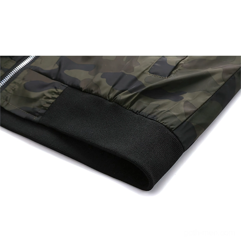 Ribbed elastic cuff detail in black with camouflage fabric side view of jacket construction