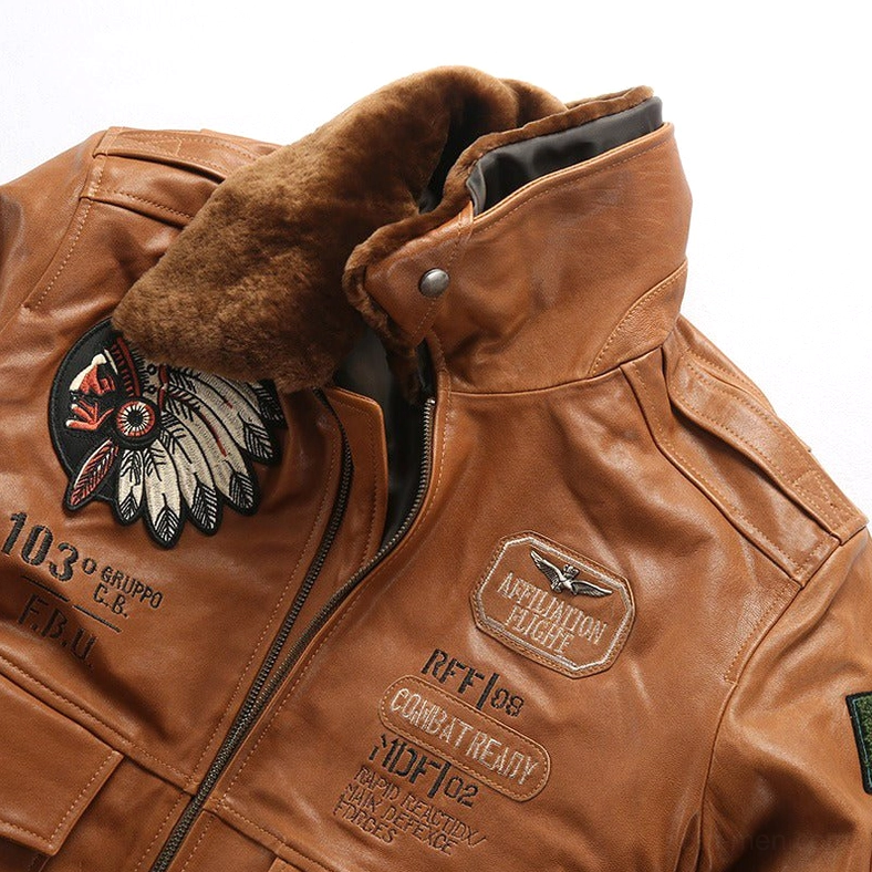 Gothic lambskin bomber jacket front detail view highlighting fur collar framing and embroidered patch placement