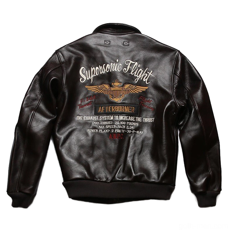 Back embroidery detail of gothic flight bomber jacket showing aviation-inspired motif on dark leather
