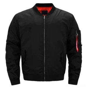 Gothic oversized padded bomber jacket in black with gold zipper and red inner lining - front flat lay view