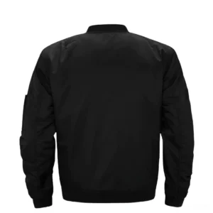 Black gothic padded bomber jacket rear view showing ribbed trim details and quilted construction