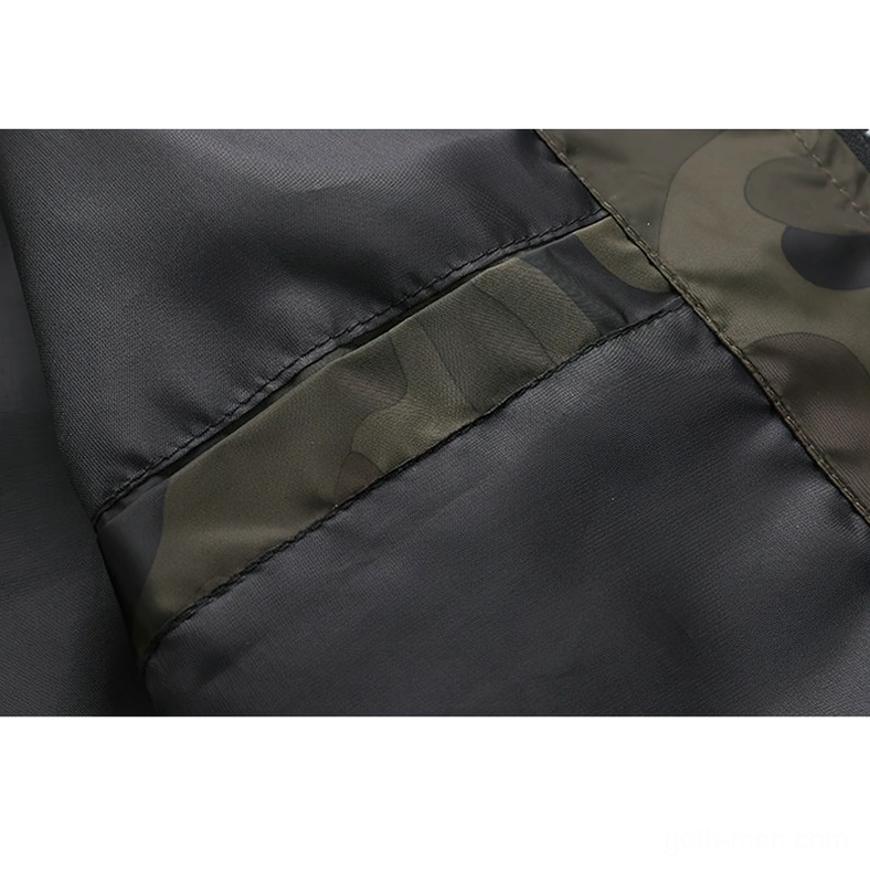 Camouflage panel stitching detail showing factory-sealed seams and two-tone fabric construction