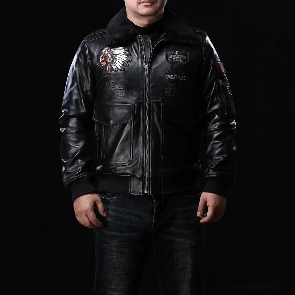 Gothic lambskin bomber jacket detail shot showing zipper closure, stitching quality, and leather texture
