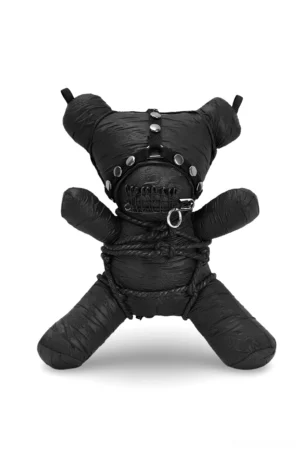 Black gothic bondage teddy bear plush pendant front view featuring metal D-rings, rope bindings, and safety pin accents on white background