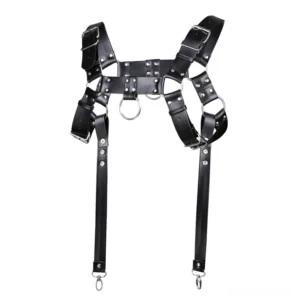 Punk leather bondage chest harness with silver metal O-ring center detail and adjustable rivet-reinforced straps, gothic fashion harness