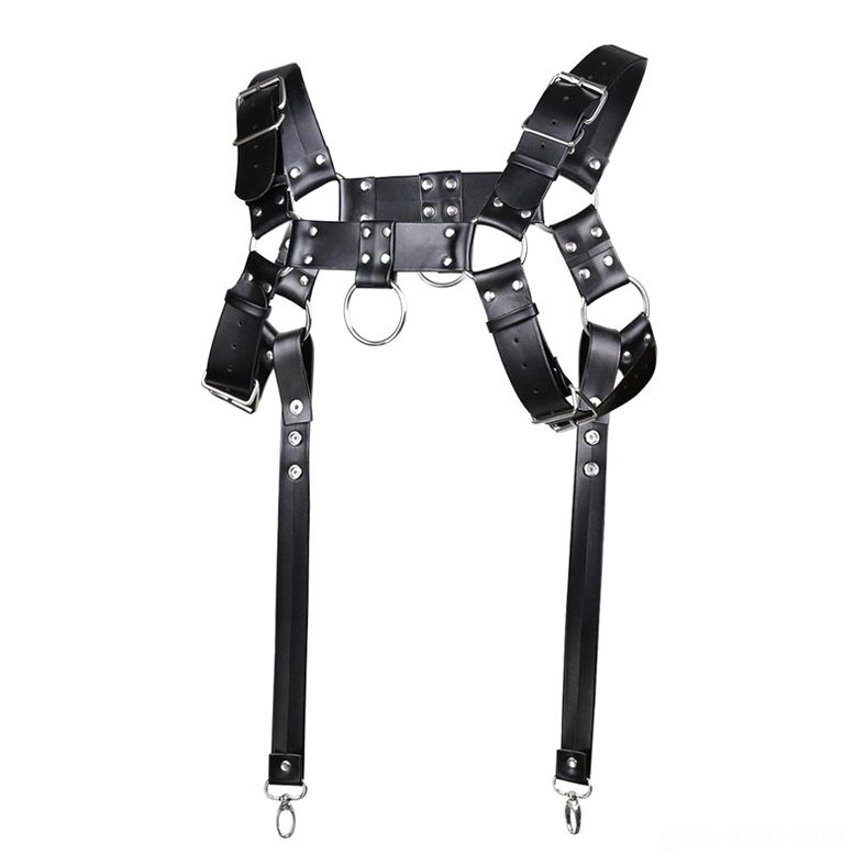 Punk leather bondage chest harness with silver metal O-ring center detail and adjustable rivet-reinforced straps, gothic fashion harness
