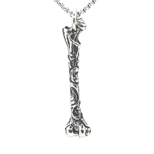 Gothic bone skeleton pendant stainless steel necklace with vintage silver finish and floral vine carvings front view
