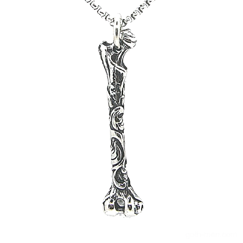 Gothic bone skeleton pendant stainless steel necklace with vintage silver finish and floral vine carvings front view