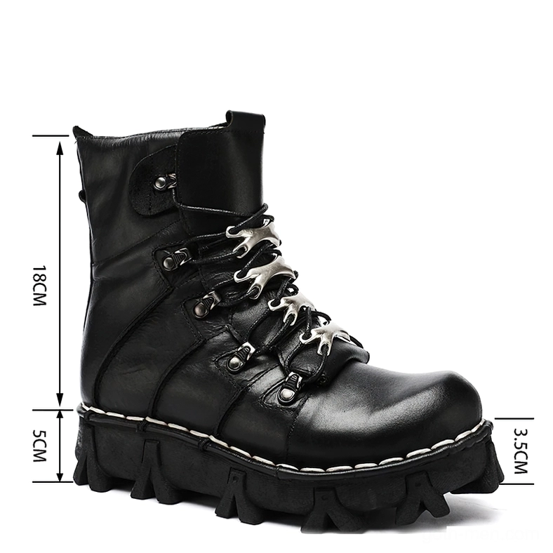 Black genuine leather gothic ankle boots side angle displaying mid-calf height markings and deep ridged chunky rubber outsole traction