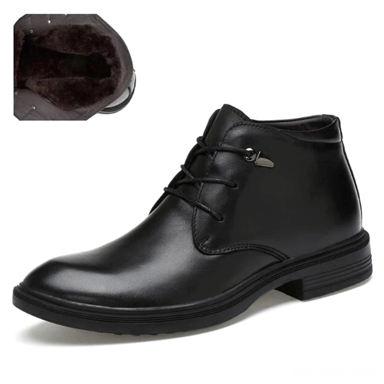 Men's black gothic ankle boot with smooth leather and fur lining option, side view showing lace-up closure