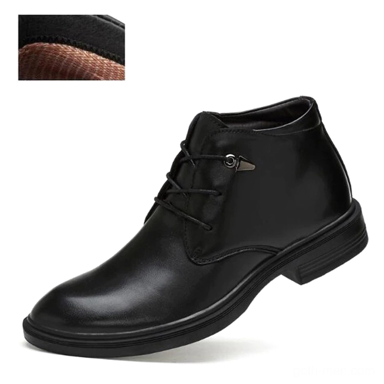 Black smooth leather gothic boot side view with polished leather finish and round toe silhouette