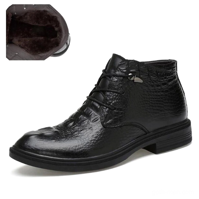 Men's black gothic ankle boot three-quarter view displaying embossed crocodile texture and lace-up design