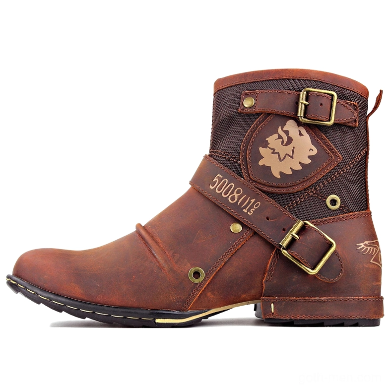 Men's gothic leather boots detailed back view showing full strap buckle system
