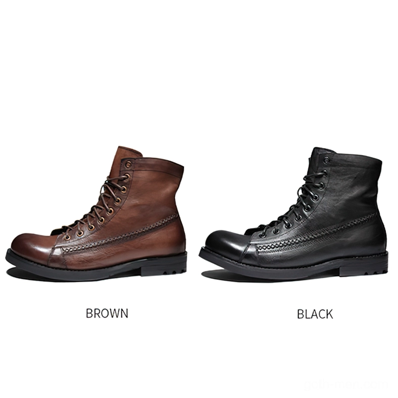 Gothic combat boots comparison black and brown lace-up ankle boots side by side