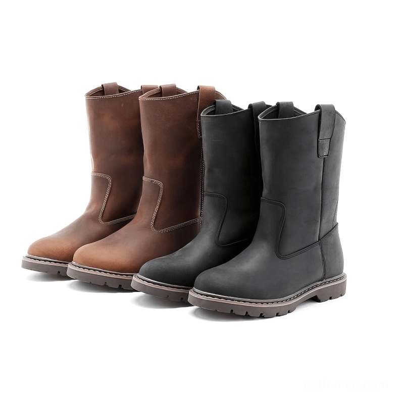 Black and brown gothic leather boots overhead flat lay comparison both color options