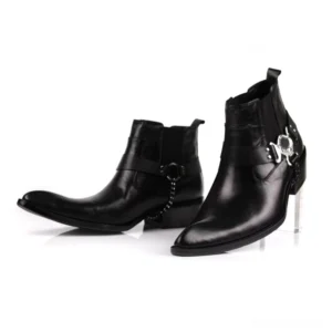 Black leather gothic boots profile showing chunky square heel and pointed toe silhouette