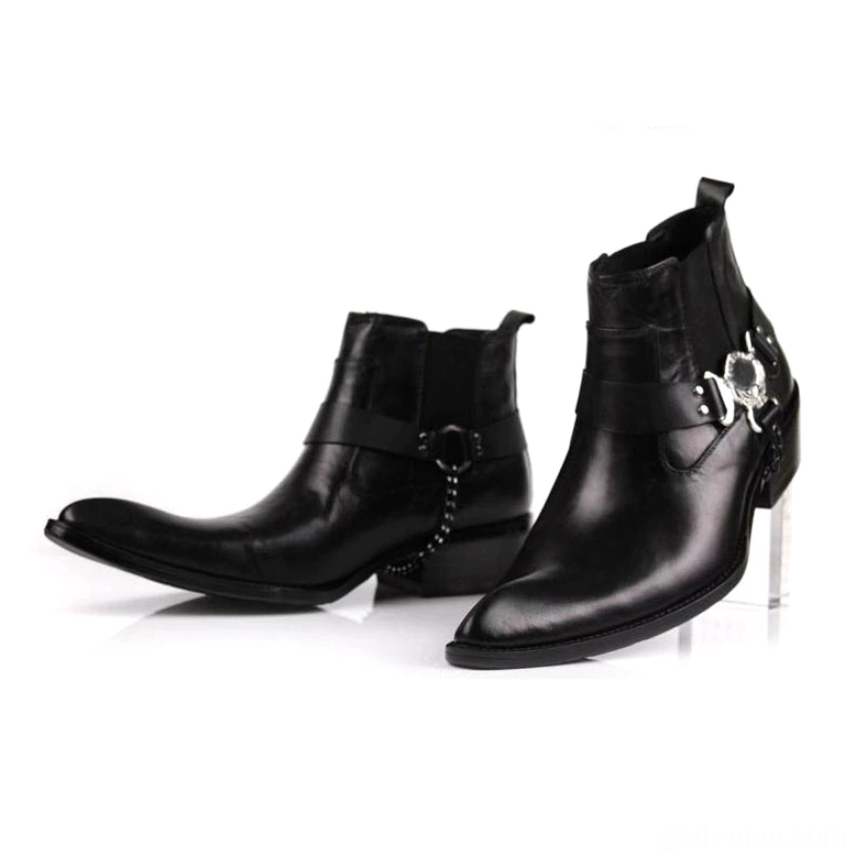 Black leather gothic boots profile showing chunky square heel and pointed toe silhouette