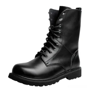 Black leather motorcycle boots side profile showing metal lace hardware and polished finish