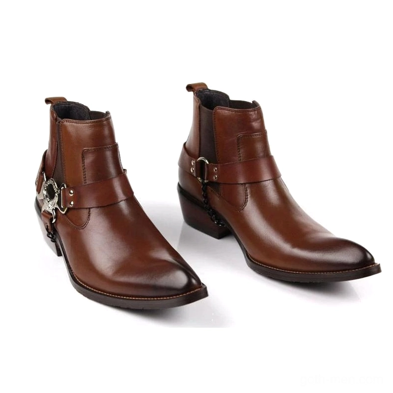Brown leather gothic boots front three-quarter view featuring chain and metal buckle hardware