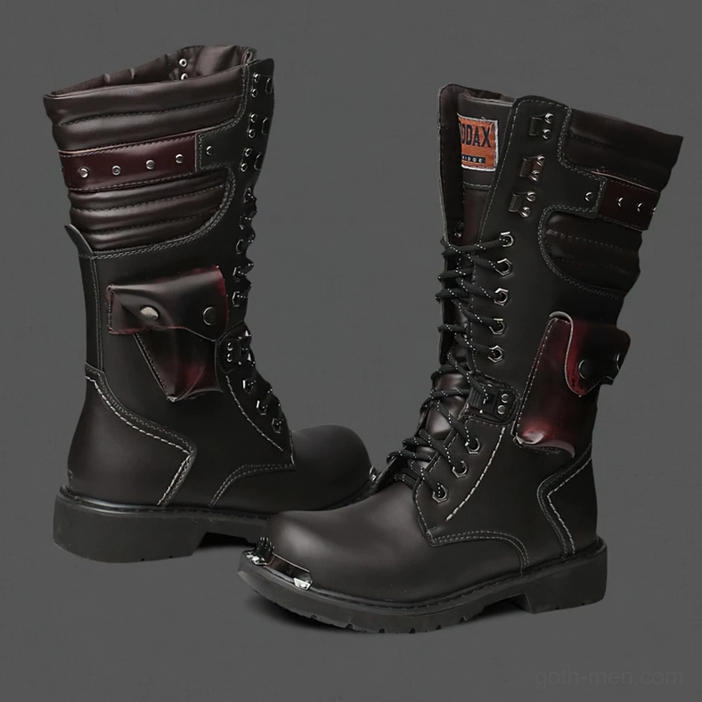 Gothic lace-up leather boots styled against castle-themed backdrop - romantic dark aesthetic