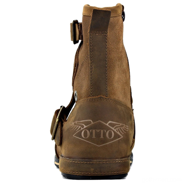 Men's gothic leather boots complete view showing all hardware and stitching elements