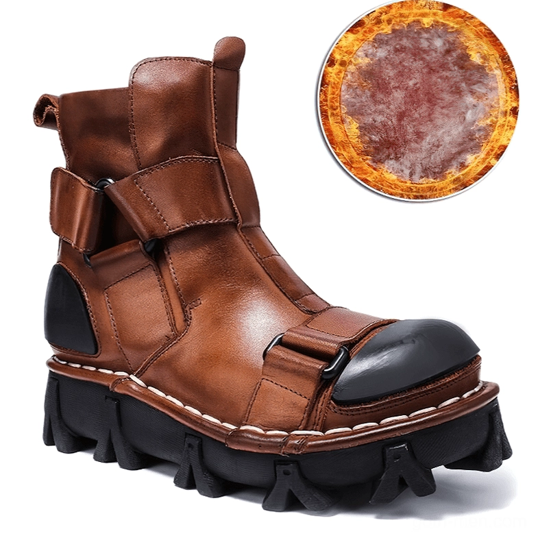 Full-grain leather gothic punk boots showing grain pattern and genuine leather texture close-up