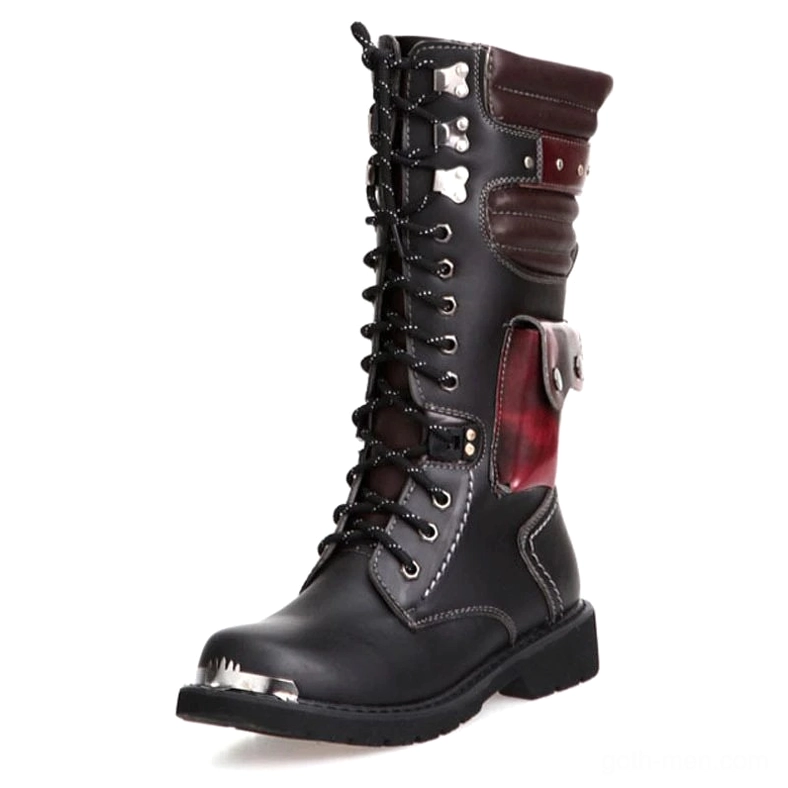 Gothic alternative boots front view showcasing heavy-duty metal lace eyelets and functional pocket design