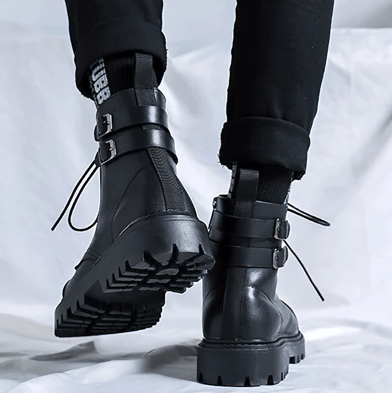 Black gothic ankle boots top view showing lace system and ankle design