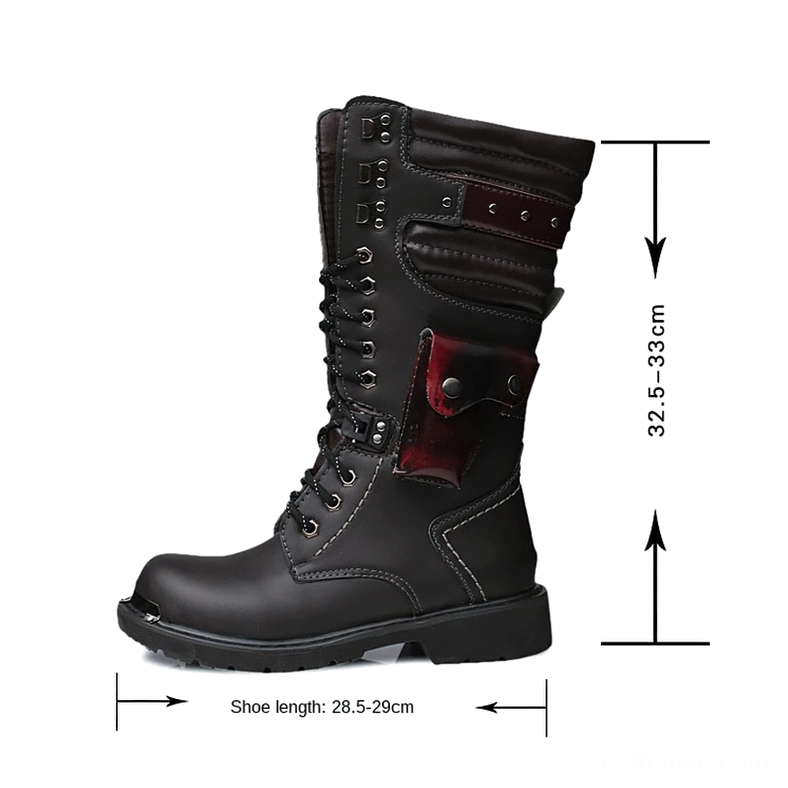 Premium split leather gothic boots showing size measurements and utility pocket details