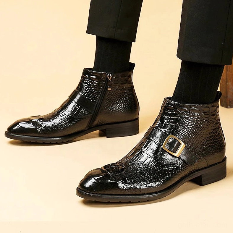 Men's gothic leather ankle boots worn on model showing mixed colors black and burgundy styling