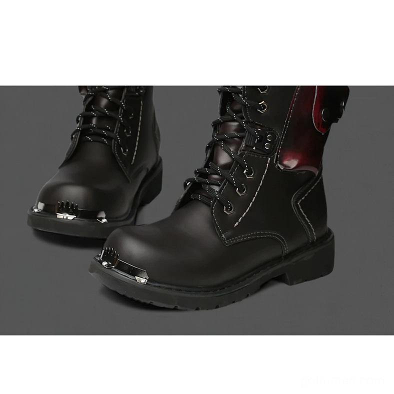 Black leather gothic boots paired view on grey background - contemporary alternative fashion style
