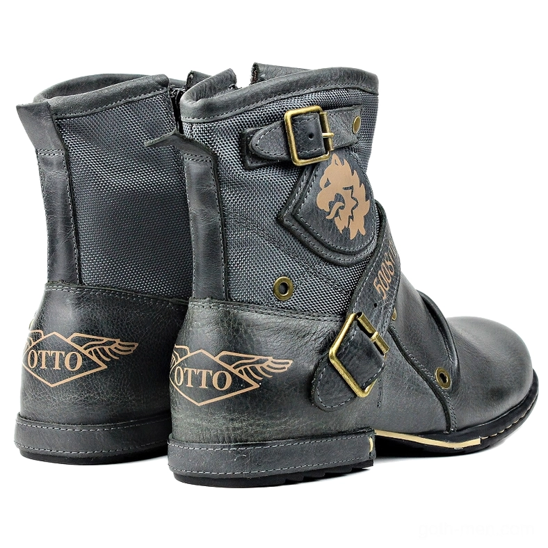 Pair of dark leather gothic ankle boots with buckle straps and lion embroidery, rear group view
