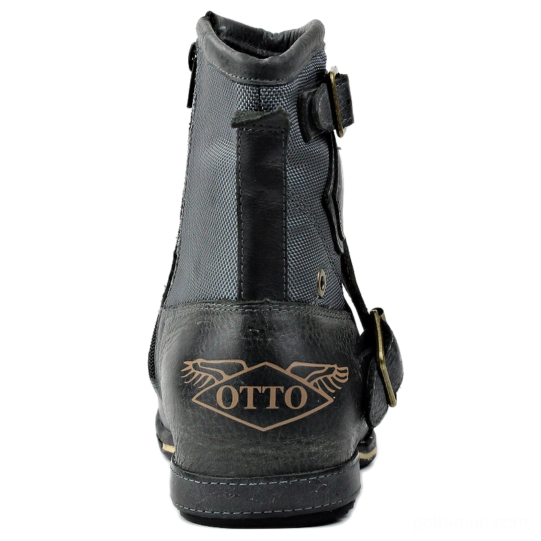 Men's leather gothic boots rear view showing woven fabric ankle panel and OTTO wing heel emblem