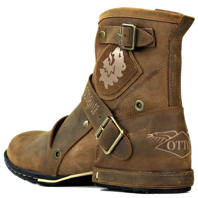 Men's gothic biker boots showing comfortable round toe shape and structural design