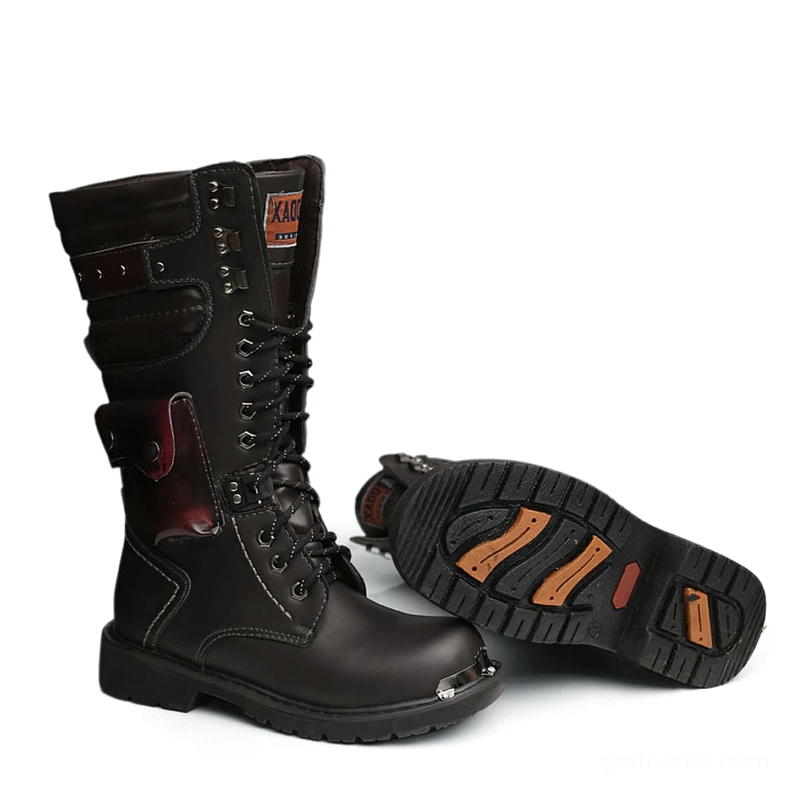 Gothic leather knee-high boots displaying anti-slip rubber sole and industrial metal toe reinforcement