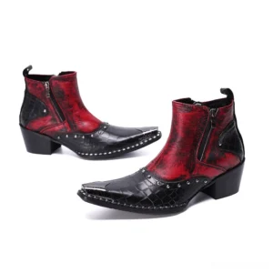 Punk rock style high heel ankle boots with red leather upper and studded black toe cap, side profile highlighting medium block heel and double zipper